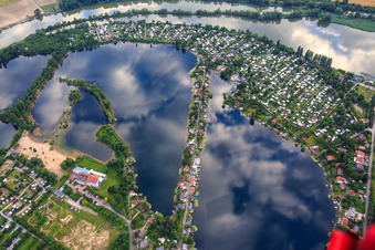 Aerial photograpy of Middle path between Swan Pond and Adria Pond in the Blue Adriatic recreation area in Altrip in the state Rhineland-Palatinate, Germany