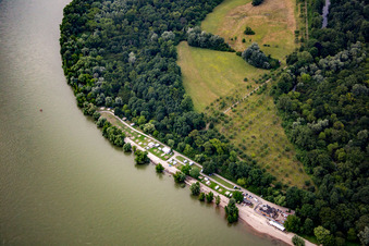 Oblique view of Rhine beach in the district Niederfeld in Mannheim in the state Baden-Wuerttemberg, Germany