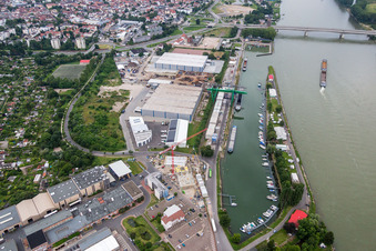 Aerial view of Quays and boat moorings at the port of the inland port Flosshafen on Rhein in Worms in the state Rhineland-Palatinate, Germany