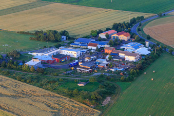 Aerial view of Small area at the airfield with motorcycle and technology museum and Agrinova GmbH in Quirnheim in the state Rhineland-Palatinate, Germany