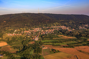 View of the town at the foot of the Donnersberg from the east in Dannenfels in the state Rhineland-Palatinate, Germany