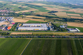 Aerial view of Building complex and grounds of the logistics center of DHL in Saulheim in the state Rhineland-Palatinate, Germany