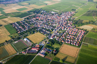 Village - view on the edge of agricultural fields and farmland in Udenheim in the state Rhineland-Palatinate, Germany