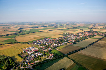 Village - view on the edge of agricultural fields and farmland in Undenheim in the state Rhineland-Palatinate, Germany