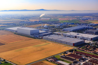 Eduard-Fresenius-Straße industrial area with Fresenius Medical Care Deutschland GmbH, LOGOSYS Logistik GmbH and LOGOSYS Logistik GmbH in Biebesheim am Rhein in the state Hesse, Germany