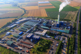 Aerial view of Factory premises HIM GmbH (SAV) and HIM-ASG in Biebesheim am Rhein in the state Hesse, Germany