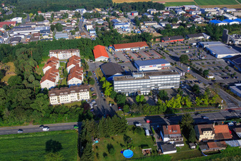 Aerial view of Industrial area in the Pfarrtanne with Woolworth and Demeter-Felderzeugnisse GmbH in the district Sandwiese in Alsbach-Hähnlein in the state Hesse, Germany