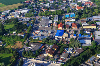 Zeppelinstraße commercial area with AS Trägerde Ideen GmbH and mosque Bensheim (Bashier Mosque) in Bensheim in the state Hesse, Germany