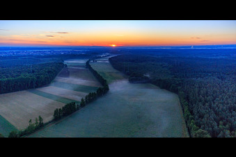 Aerial photograpy of Sunrise in the Otterbachtal with morning mist in Kandel in the state Rhineland-Palatinate, Germany