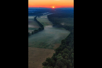 Sunrise in the Otterbachtal with morning mist in Kandel in the state Rhineland-Palatinate, Germany from above