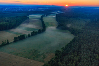 Sunrise in the Otterbachtal with morning mist in Kandel in the state Rhineland-Palatinate, Germany from the plane