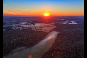 Bird's eye view of Sunrise in the Otterbachtal with morning mist in Kandel in the state Rhineland-Palatinate, Germany