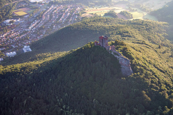 Aerial photograpy of Trifels climbing rocks in Annweiler am Trifels in the state Rhineland-Palatinate, Germany