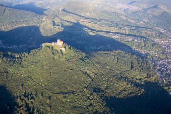 Trifels Castle in Annweiler am Trifels in the state Rhineland-Palatinate, Germany from a drone