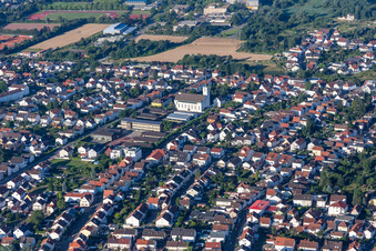 Aerial photograpy of City area with outside districts and inner city area in Schifferstadt in the state Rhineland-Palatinate, Germany
