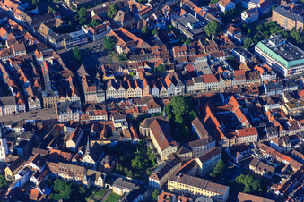 Historic old town with Maximilianstraße with former St. Ludwig Church and Große Greifengasse from the north in Speyer in the state Rhineland-Palatinate, Germany