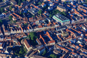 Historic old town with Maximilianstraße with former church St. Ludwig Große Greifengasse and department store GALERIA Speyer from the north in Speyer in the state Rhineland-Palatinate, Germany