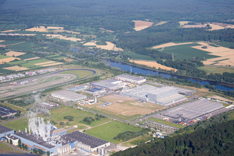 Oberwald industrial area in Wörth am Rhein in the state Rhineland-Palatinate, Germany viewn from the air
