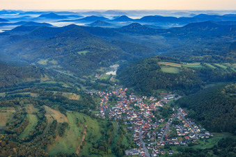 Village view in Klingbachtal in the morning from the east in Silz in the state Rhineland-Palatinate, Germany