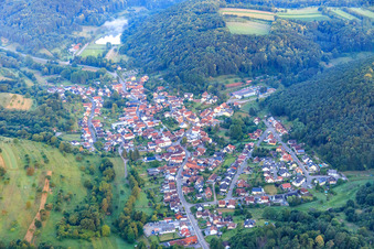 Aerial view of Village view in Klingbachtal in the morning from the east in Silz in the state Rhineland-Palatinate, Germany