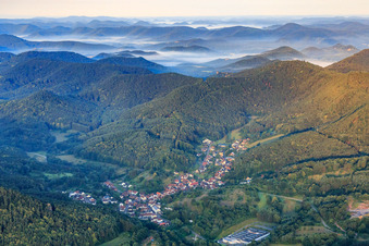 Village view in the Palatinate Forest in the morning from the northeast in Schwanheim in the state Rhineland-Palatinate, Germany