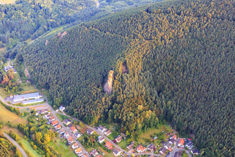 Aerial photograpy of Climbing rock Friedrichsfelsen in the morning from the east in Lug in the state Rhineland-Palatinate, Germany