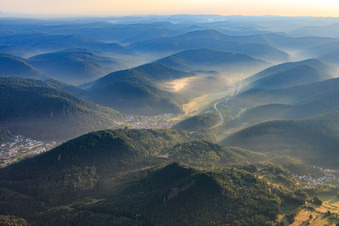 View of the Queichtal valley of the Palatinate Forest in the morning from the southwest in Wilgartswiesen in the state Rhineland-Palatinate, Germany