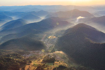 Village view in the Palatinate Forest in the morning from the west in Spirkelbach in the state Rhineland-Palatinate, Germany