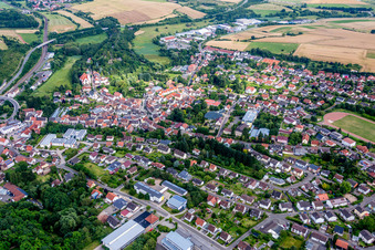 Aerial view of Church building of catholic Church Herz Jesu in Winnweiler in the state Rhineland-Palatinate, Germany