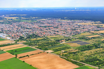 Aerial photograpy of City view from the northwest in Haßloch in the state Rhineland-Palatinate, Germany