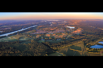 Rhine and village view in the morning from the north in Neuburg am Rhein in the state Rhineland-Palatinate, Germany