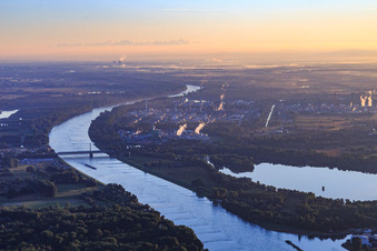 Rhine bridges and Kinielinger Seee from the south in the district Knielingen in Karlsruhe in the state Baden-Wuerttemberg, Germany