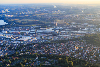 City view from the south in front of the Karlsruhe Rhine ports in the district Daxlanden in Karlsruhe in the state Baden-Wuerttemberg, Germany