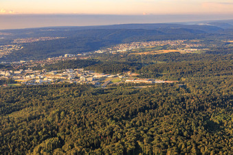 Aerial view of Karlsruher Straße commercial area from the north in the district Brötzingen in Pforzheim in the state Baden-Wuerttemberg, Germany
