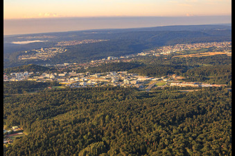 Aerial photograpy of Karlsruher Straße commercial area from the north in the district Brötzingen in Pforzheim in the state Baden-Wuerttemberg, Germany