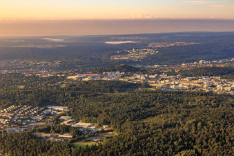 Karlsruher Straße commercial area from the north in the district Brötzingen in Pforzheim in the state Baden-Wuerttemberg, Germany from above
