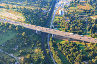 Aerial view of Motorway bridge and rest area Kämpfelbach on the A8 in the district Nordstadt in Pforzheim in the state Baden-Wuerttemberg, Germany