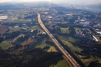 Aerial view of Highway traffic jam over Pforzheim on the A8 in the district Nordstadt in Pforzheim in the state Baden-Wuerttemberg, Germany