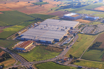 Aerial view of A8 exit Pforzheim North with Amazon STR1 logistics center in the district Eutingen in Pforzheim in the state Baden-Wuerttemberg, Germany