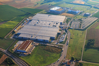Aerial photograpy of A8 exit Pforzheim North with Amazon STR1 logistics center in the district Eutingen in Pforzheim in the state Baden-Wuerttemberg, Germany