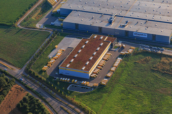A8 exit Pforzheim North with Deutsche Post/DHL warehouse at the Amazon STR1 logistics center in the district Eutingen in Pforzheim in the state Baden-Wuerttemberg, Germany
