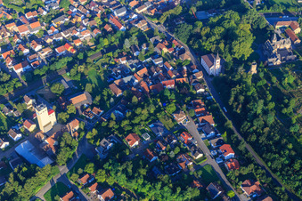 Castle Gondelsheim above the Protestant Church Gondelsheim in Gondelsheim in the state Baden-Wuerttemberg, Germany