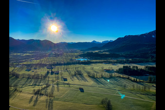 Aerial view of Winter morning in the Isar Valley at Lenggries in the district Schlegldorf in Lenggries in the state Bavaria, Germany