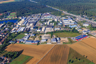 Industrial area at the Bruchsal junction of the A5 from the northeast in Forst in the state Baden-Wuerttemberg, Germany