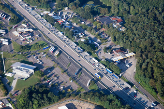 Aerial view of Motorway service area on the edge of the course of BAB highway A5 (Serways Hotel Bruchsal West) in Forst in the state Baden-Wurttemberg, Germany