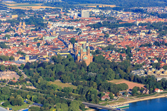 Cathedral of Speyer in summer seen from the Rhine in Speyer in the state Rhineland-Palatinate, Germany