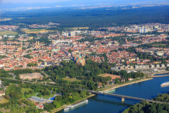 Oblique view of Cathedral of Speyer in summer seen from the Rhine in Speyer in the state Rhineland-Palatinate, Germany