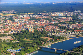 Cathedral of Speyer in summer seen from the Rhine in Speyer in the state Rhineland-Palatinate, Germany from above