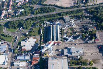 Aerial view of Outdoor exhibition of airplanes and ships in the Technical Museum Speyer in Speyer in the state Rhineland-Palatinate, Germany