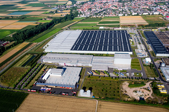 Aerial view of Building and production halls on the premises of Prowell GmbH in Offenbach an der Queich in the state Rhineland-Palatinate, Germany